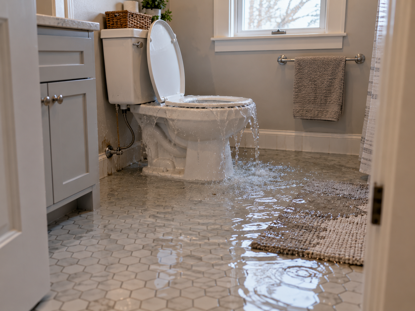 Bathroom with hexagonal tile floor flooded by water overflowing and leaking from a toilet with the lid and seat raised.