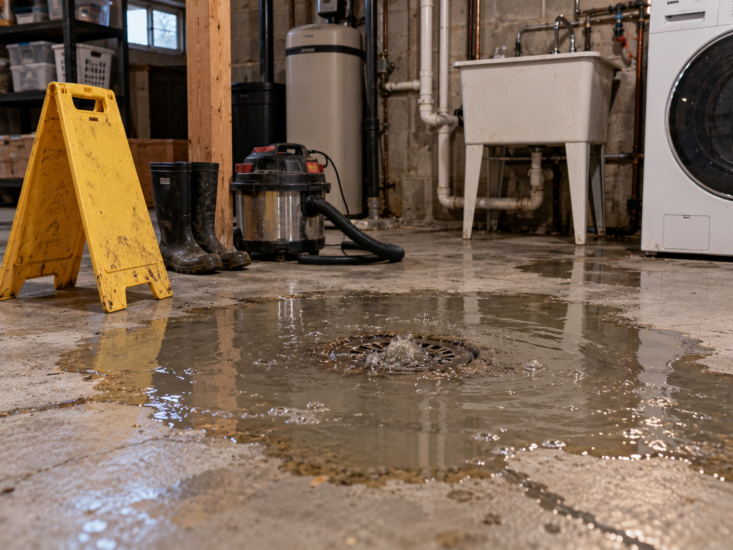 Flooded basement floor with water bubbling up through a drain, a yellow caution sign, black rubber boots, a wet-dry vacuum, a white utility sink, and a washing machine visible in the background.