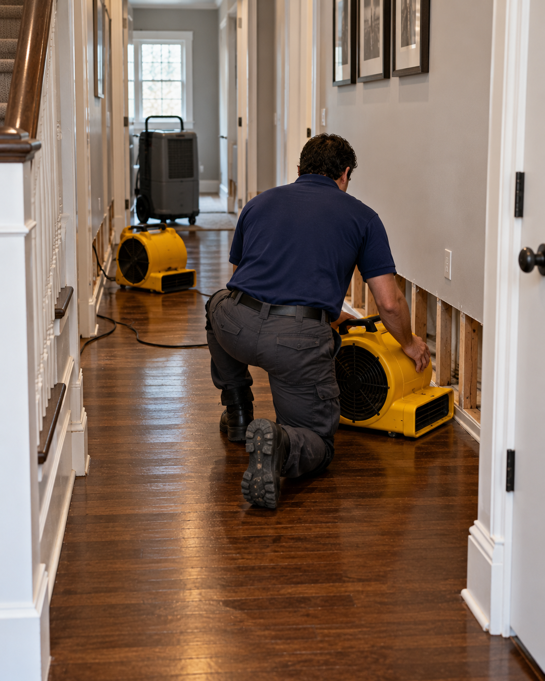 Man in a navy blue shirt and gray pants kneeling on polished hardwood floor in a hallway, setting up a yellow air mover fan near a partially removed lower wall section, with another yellow air mover and gray equipment in the background.
