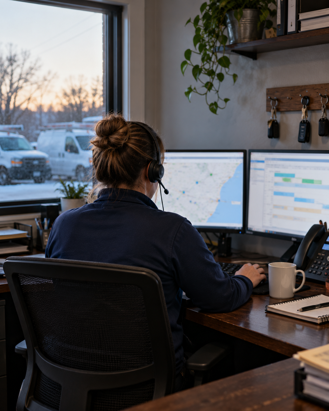 Woman wearing a headset sitting at a desk with two computer monitors displaying maps and schedules, working in an office with a window showing parked vans outside.