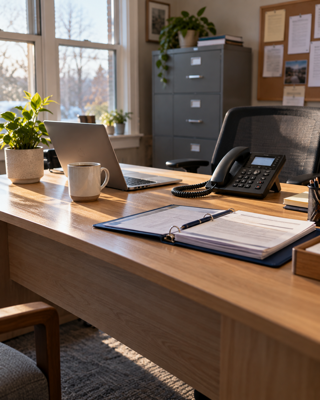 Wooden office desk with a laptop, white coffee mug, potted plants, open binder with papers and pen, black office phone, and a chair, with a filing cabinet and window in the background.