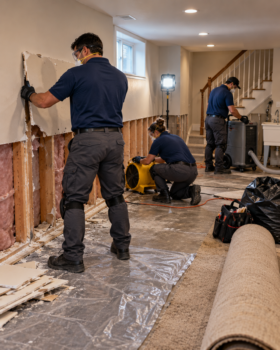 Three workers in protective gear removing drywall and setting up drying equipment in a basement with exposed insulation and concrete floor.