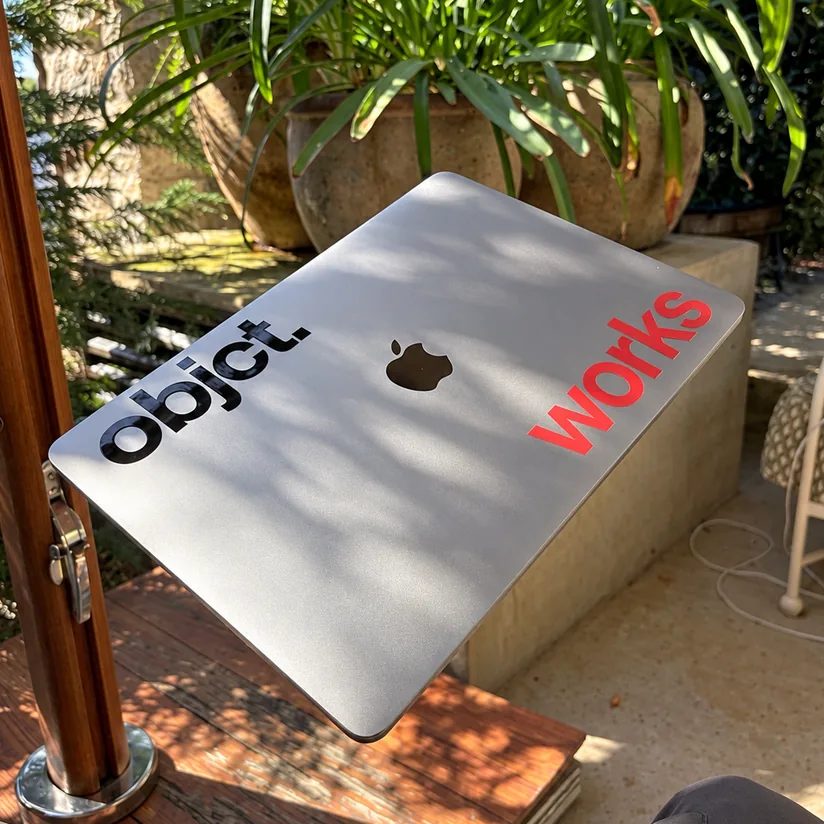 Laptop with objct.works stickers