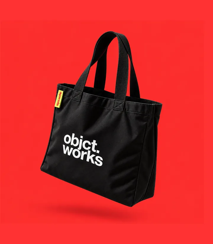 Black branded tote bag