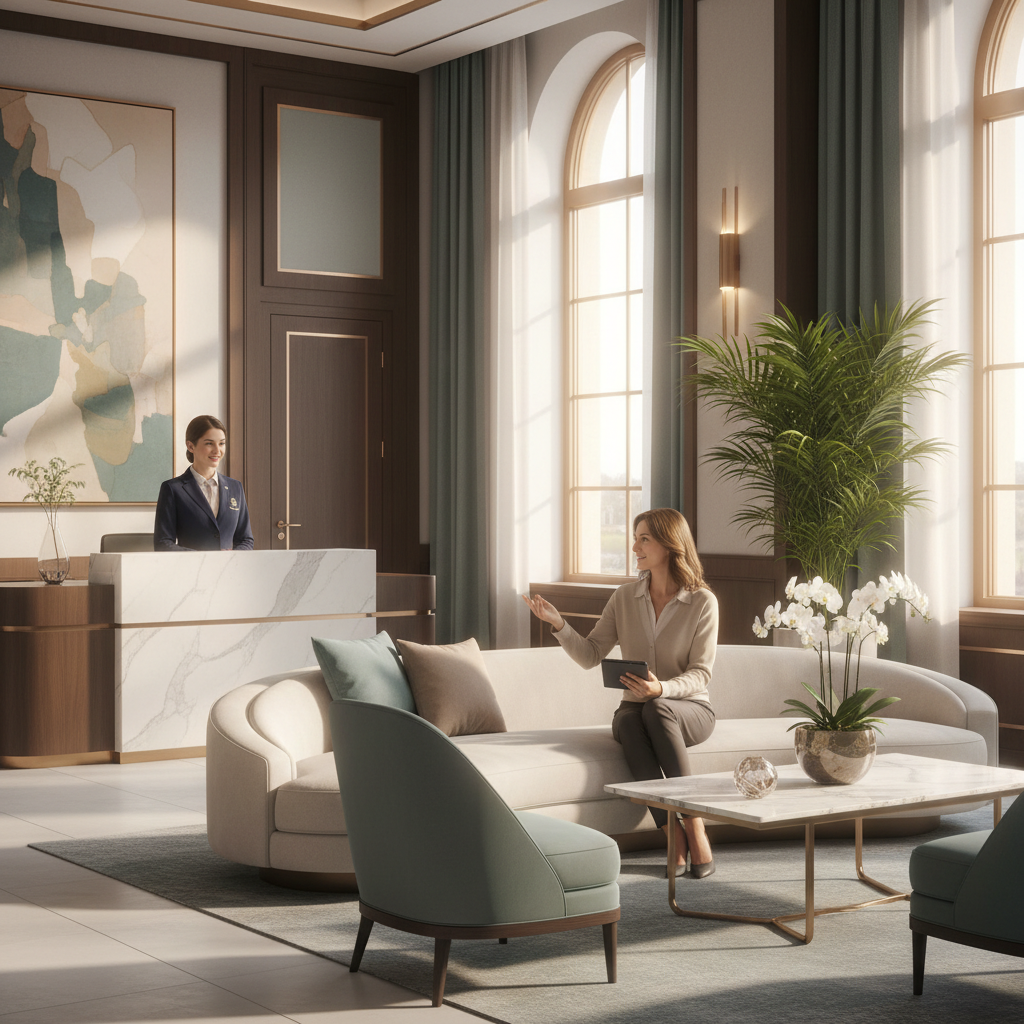 Patient coordinator welcoming a guest in a calm clinic lounge