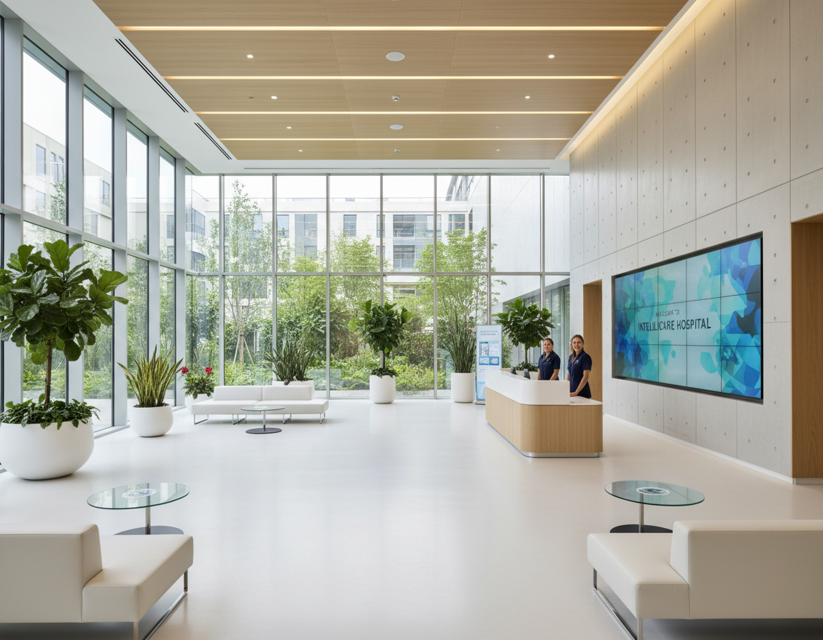 Bright, modern hospital atrium with a reception desk