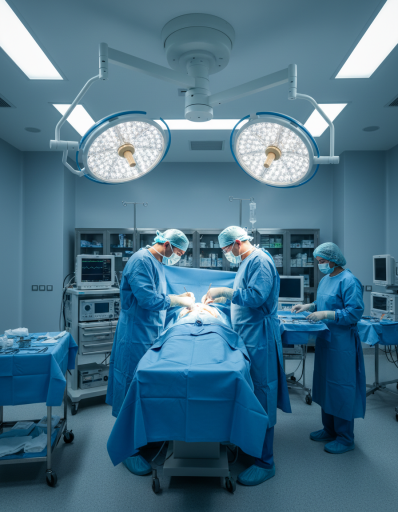 Surgical team operating in a modern theatre