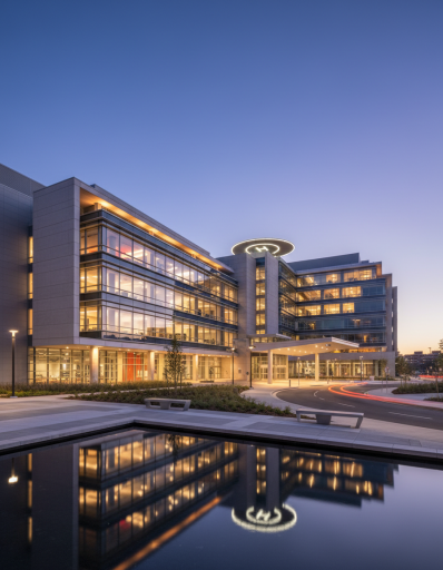 Accredited partner hospital building at dusk