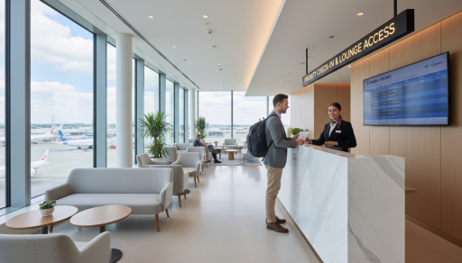Traveller checking in at an airport lounge