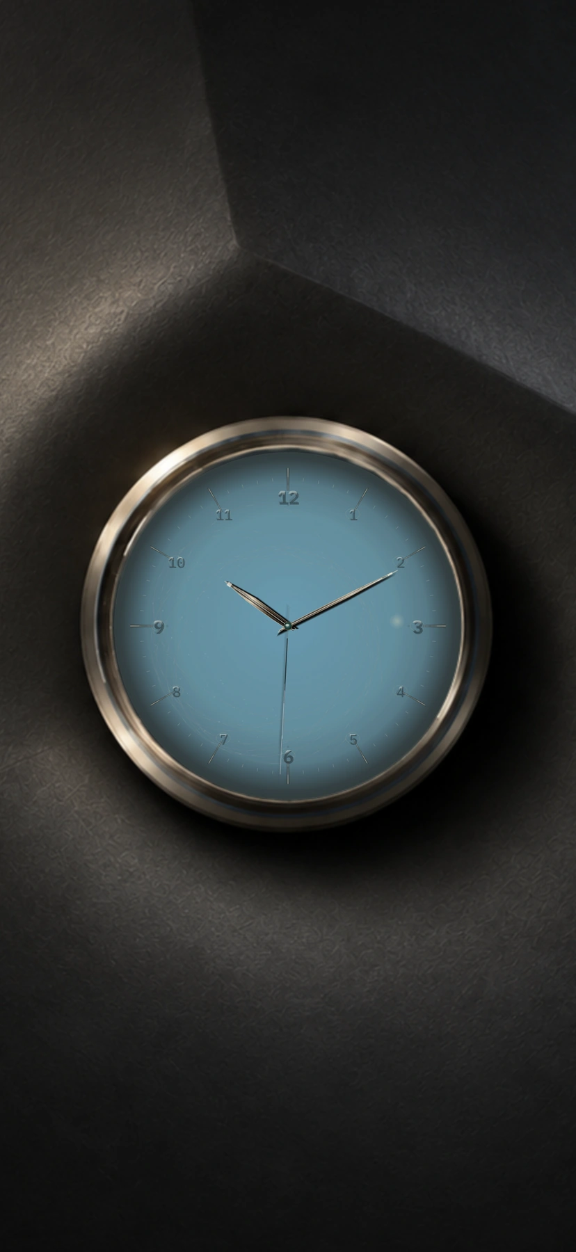 The full portrait app scene of The Blue Hour: a blue clock resting against a tall, dark textured corner.