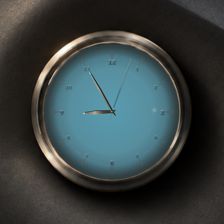 The Blue Hour: a blue clock face inside a softly lit metal rim, set against a dark textured wall.