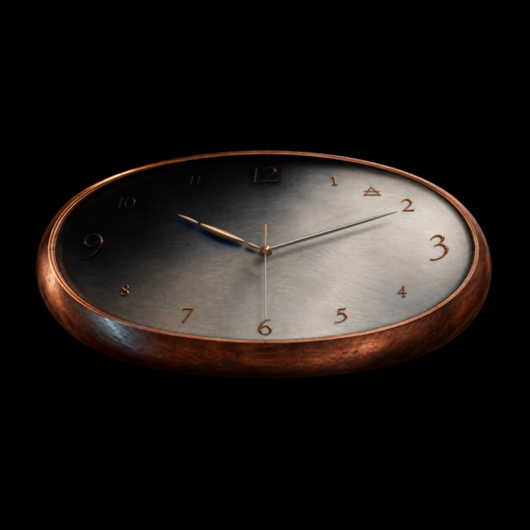 Afterlight: a low, oval clock with a brushed grey face and copper-coloured rim.
