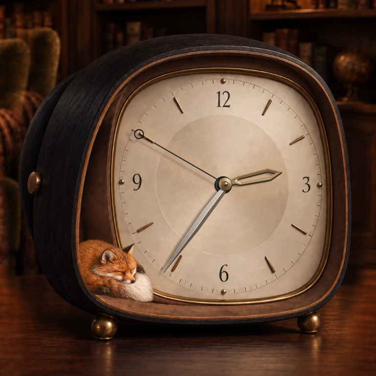 The Reading Room: a cream-faced wooden clock with a sleeping fox, in a warmly lit room of books.