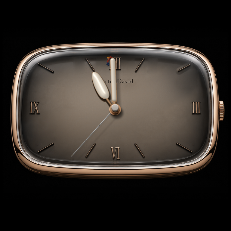 The Inspector: a rounded rectangular clock with a grey face, metallic rim, Roman numerals and a tiny figure near twelve.