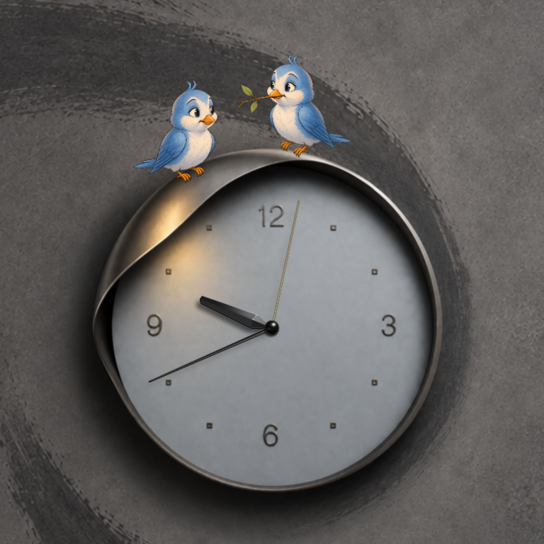 A Study in Grey: a grey clock in a folded metallic frame, with two blue birds perched above its face.