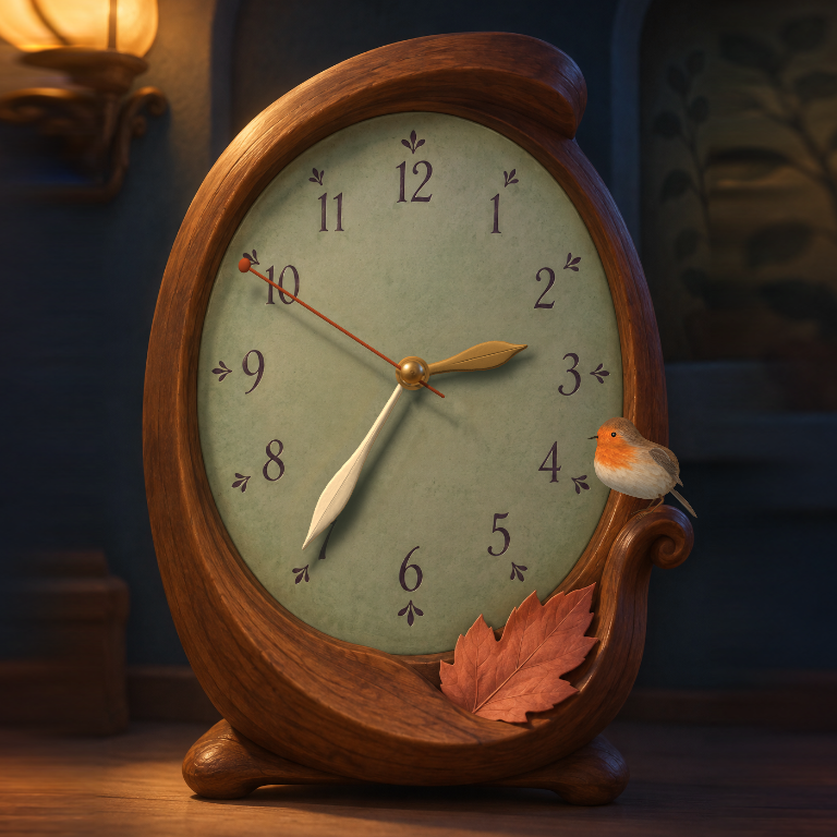 September, a sculpted wooden clock with a robin and autumn leaf, in the app’s warm evening scene.