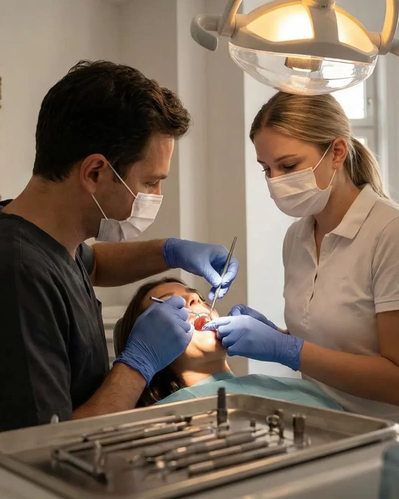Zahnarzt und Assistentin bei der Sofortbehandlung einer Patientin in der Praxis Smile4Life Wien
