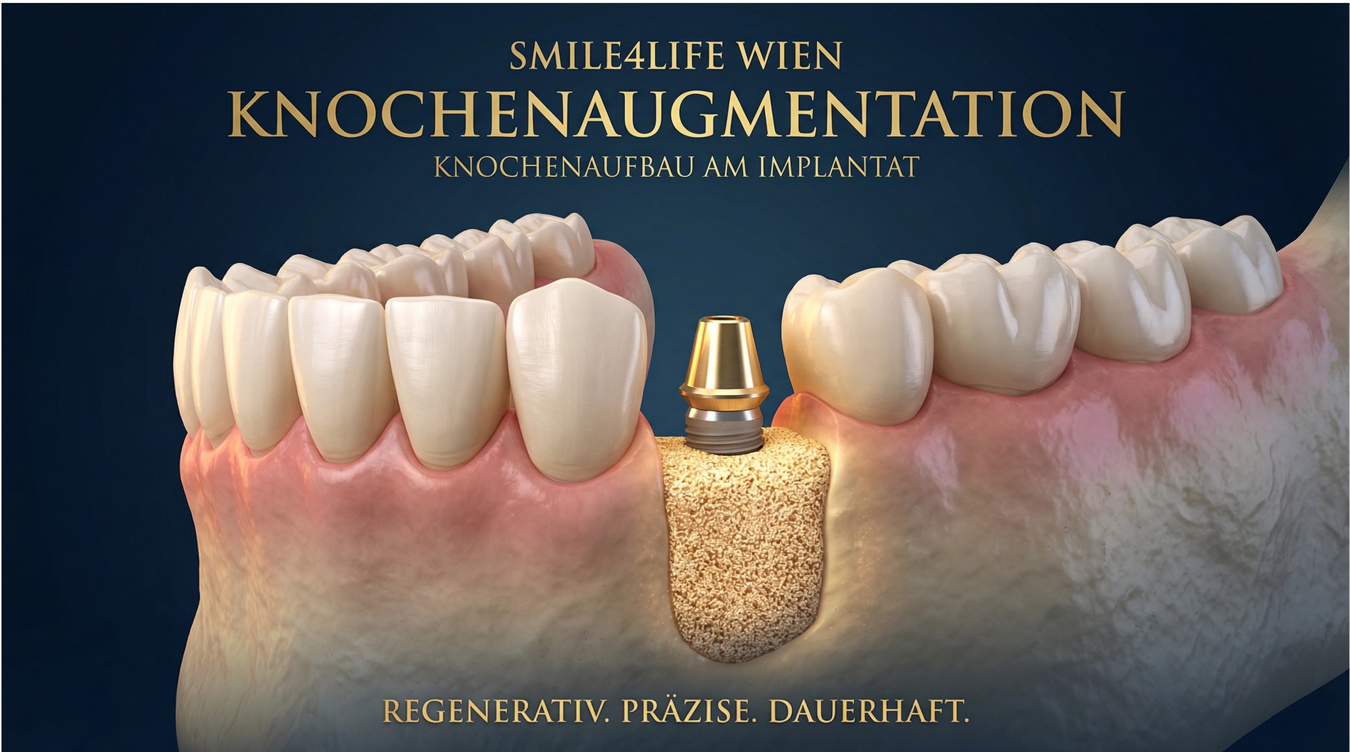 Schnittdarstellung des Kieferknochens mit implantiertem Zahn und aufgebautem Knochenmaterial.