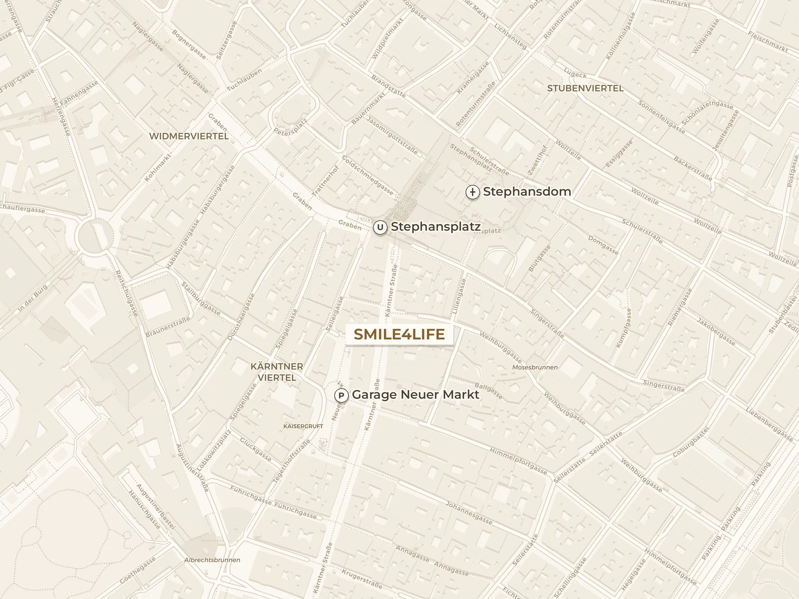 Lageplan der Zahnarztordination Smile4Life, Kärntner Straße 9, 1010 Wien: eingezeichnet sind die U-Bahn-Station Stephansplatz, der Stephansdom und die Garage Neuer Markt