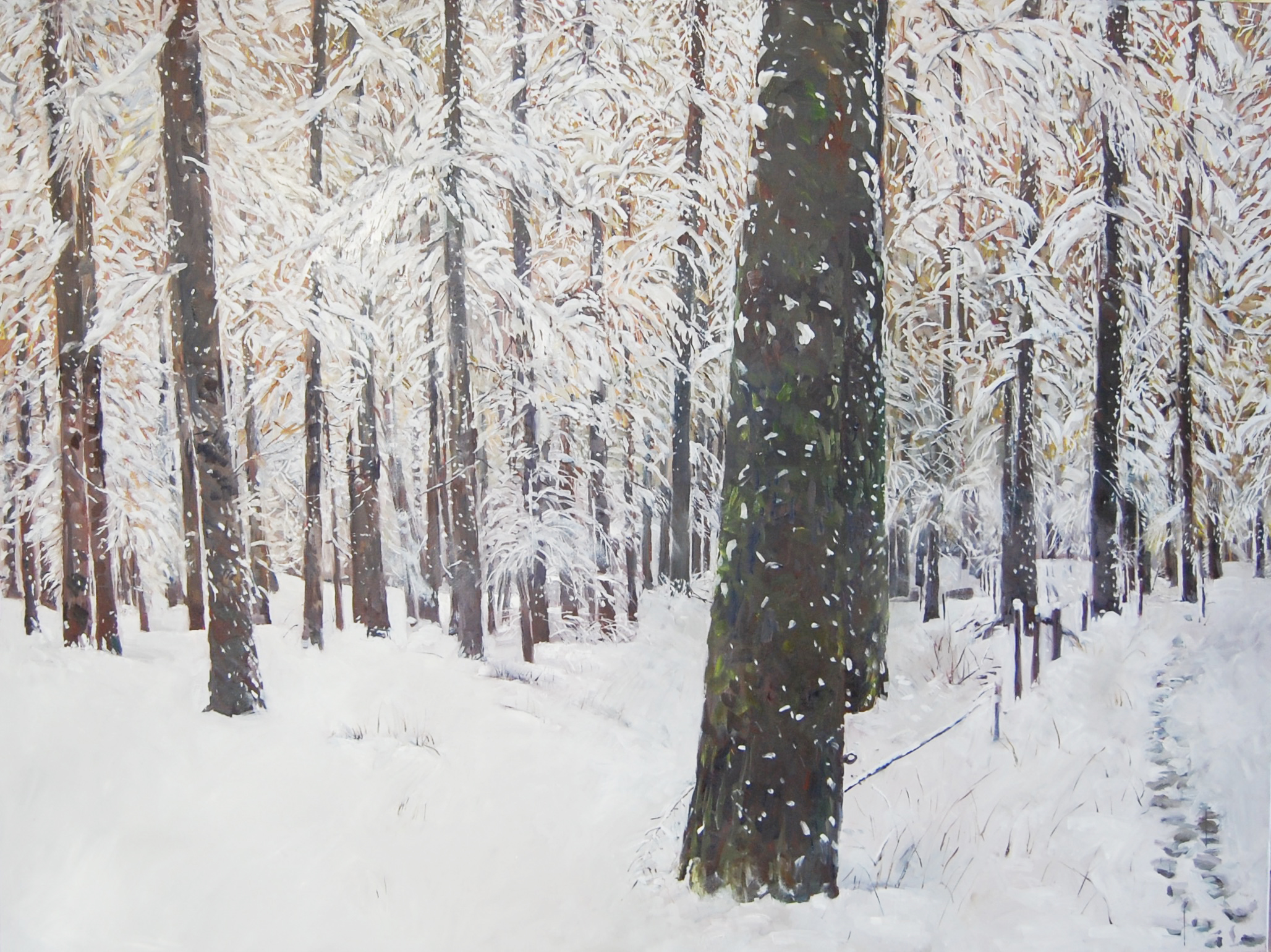 Der erste Schnee im Lärchenwald, 120 x 160 cm