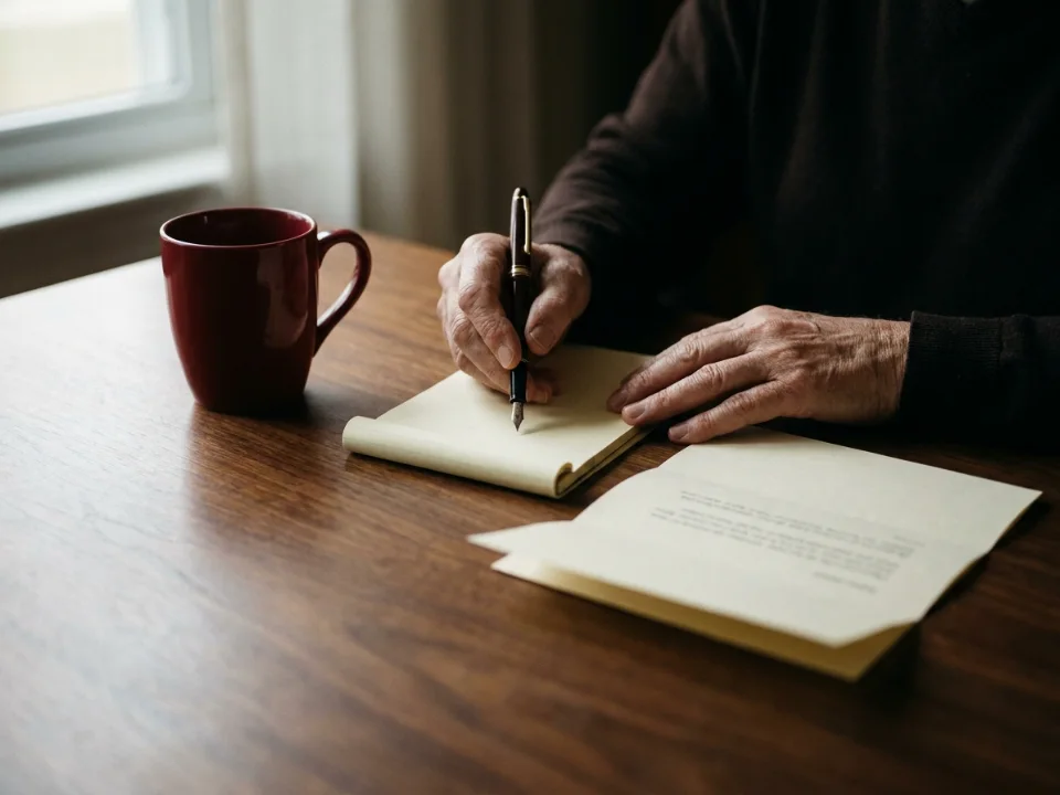 A person's hands writing with a pen in a notepad at a wooden table, beside a red mug and a letter.