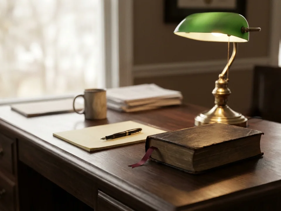 A wooden desk with a green banker's lamp, a notepad and pen, a leather-bound book and a coffee mug.