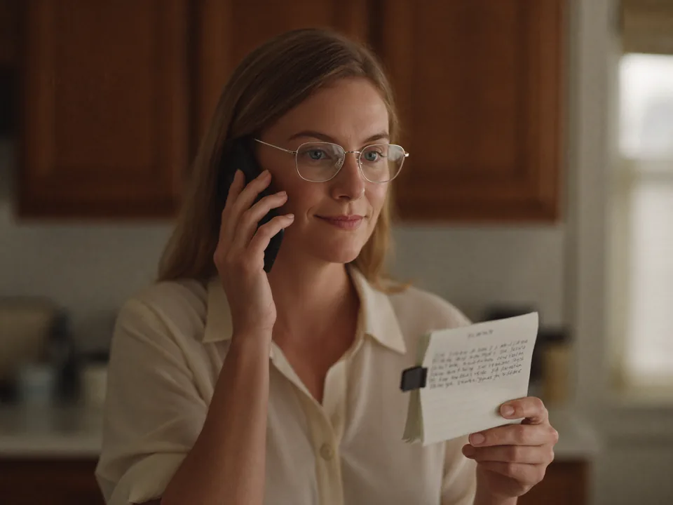 A woman in glasses talks on the phone in her kitchen while reading a handwritten note.
