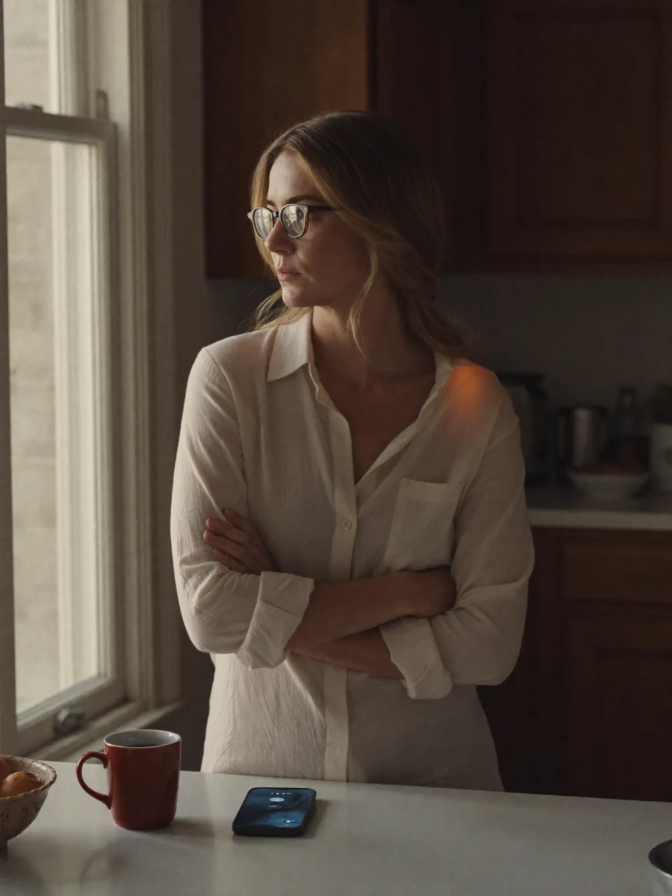 A woman stands at her kitchen counter with her arms crossed, looking out the window, her phone face-down beside a red mug.