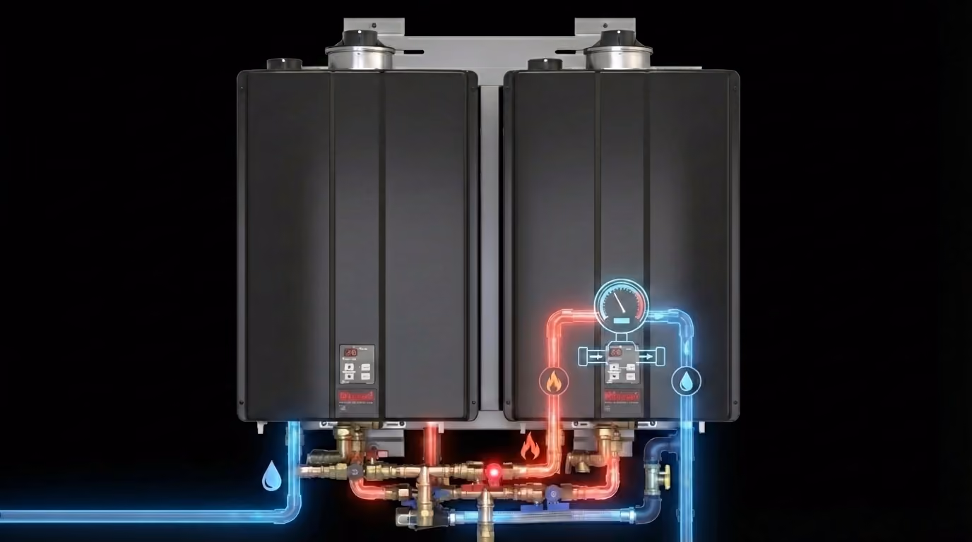 Illustration of a multiple-unit tankless water heater system