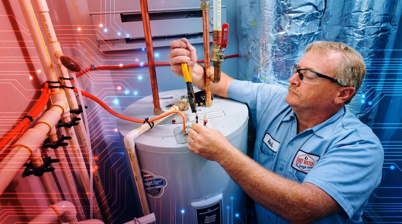 Water heater service scene with a Hot Water Guys branded shirt and graphic overlays