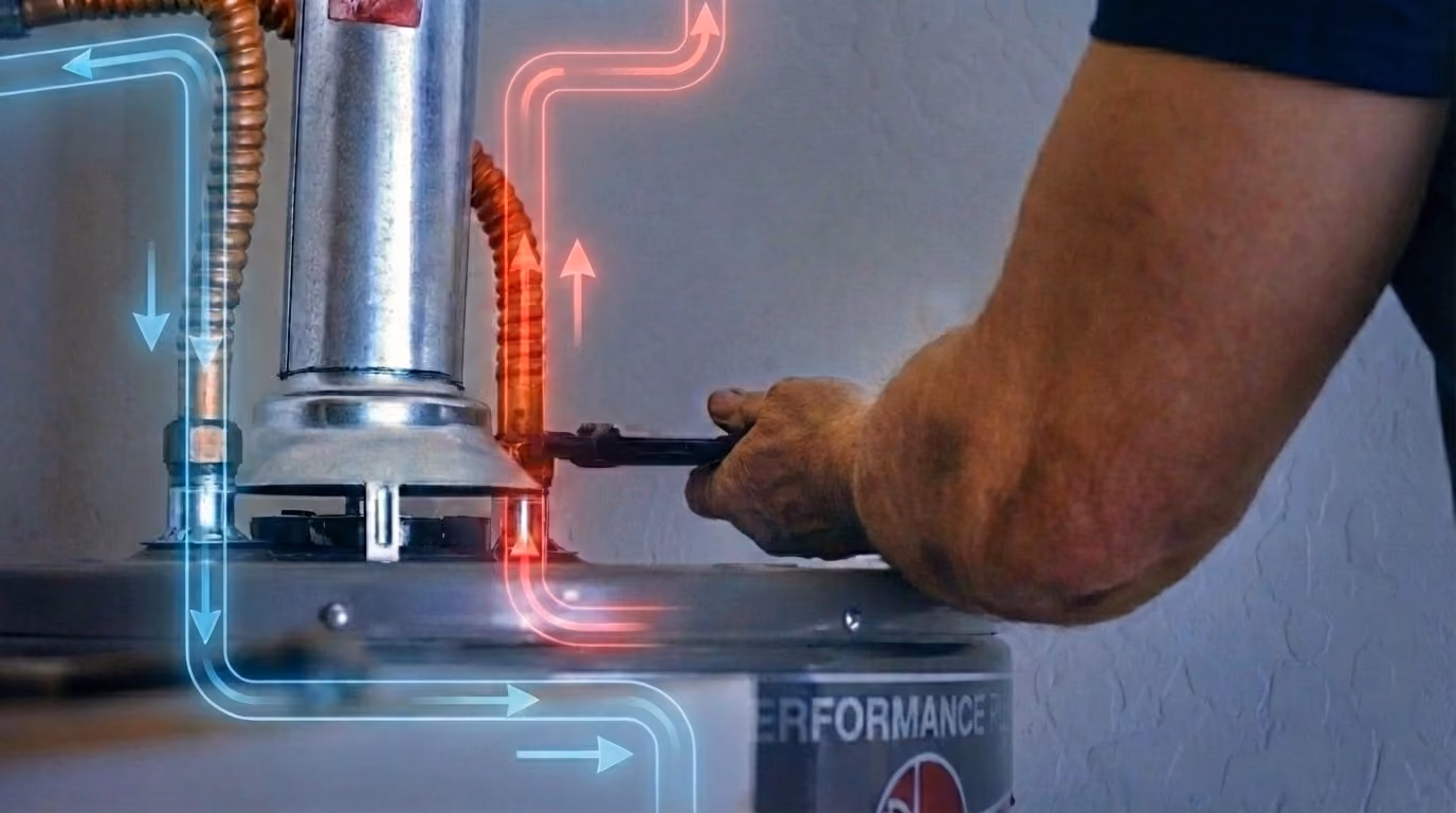Tank water heater service detail with graphic overlays