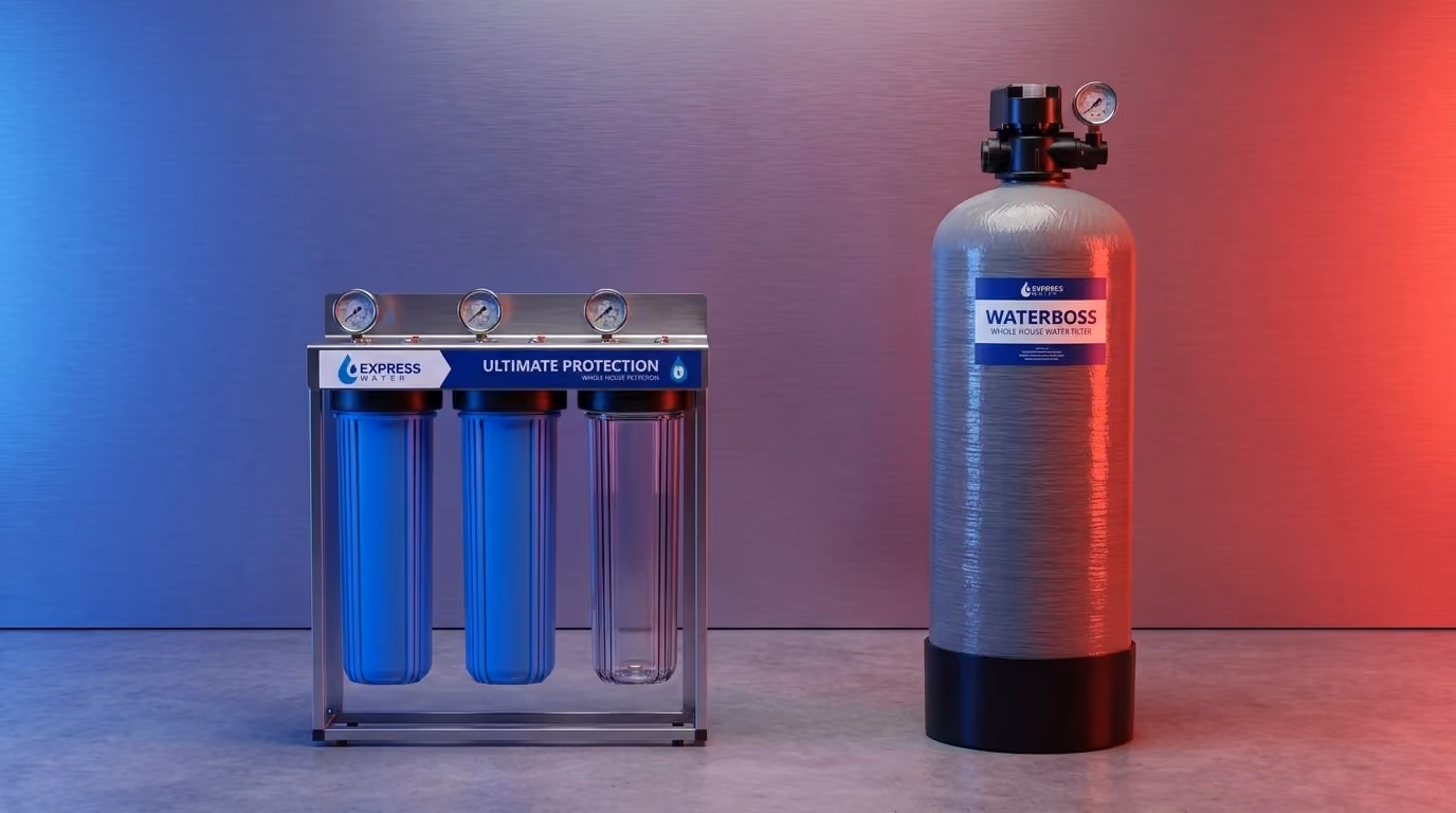 Whole-home water filtration equipment in a marketing illustration