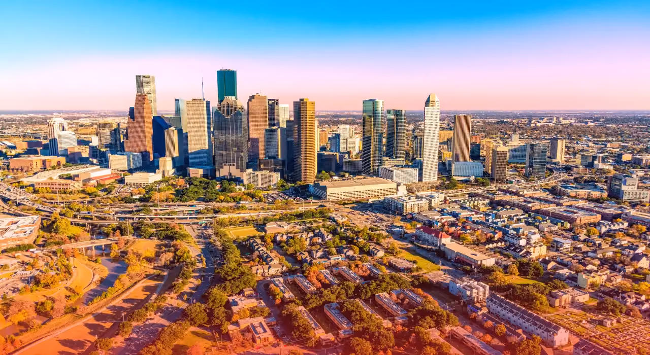 Houston skyline, as featured on the Hot Water Guys Houston service page