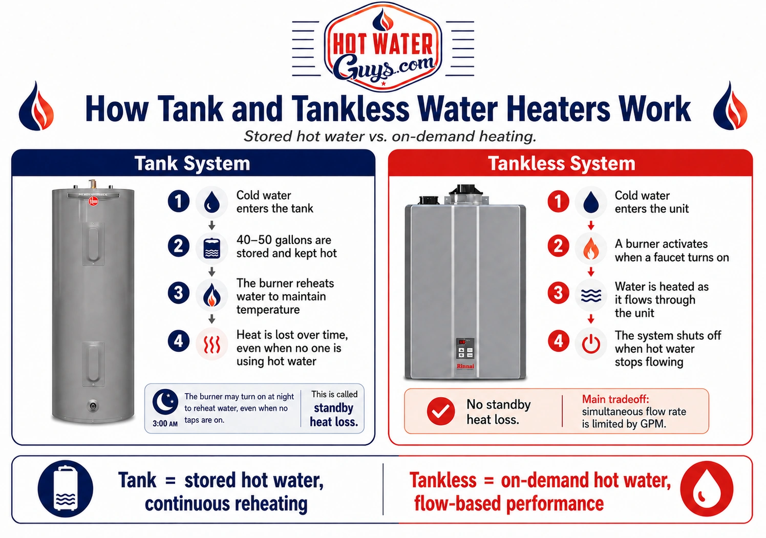 Infographic comparing how tank and tankless water heaters work: stored hot water with standby heat loss versus on-demand heating limited by flow rate