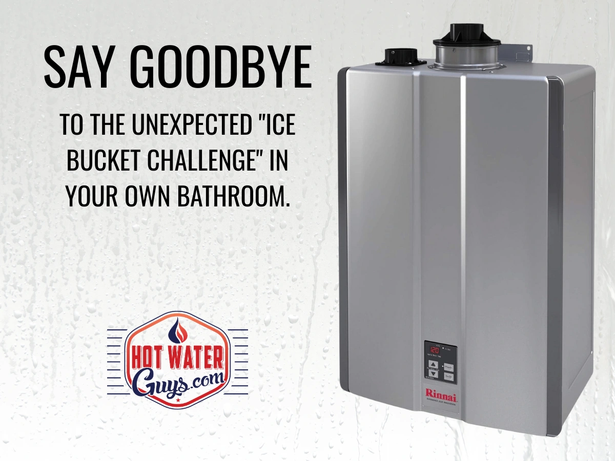 Tankless water heater graphic with the Hot Water Guys logo