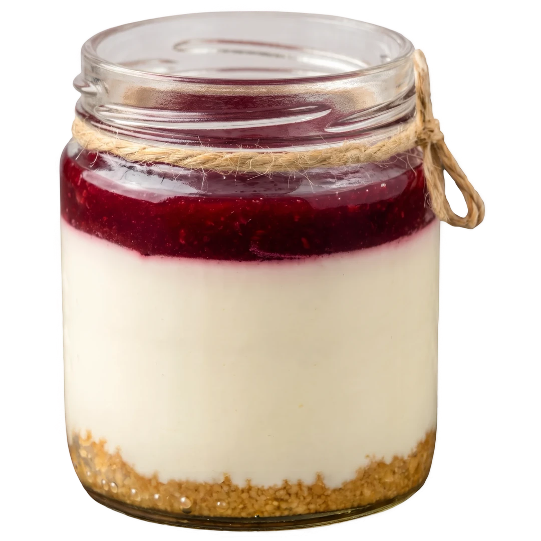 Cheesecake de frutos rojos con base de galleta en tarro de vidrio individual