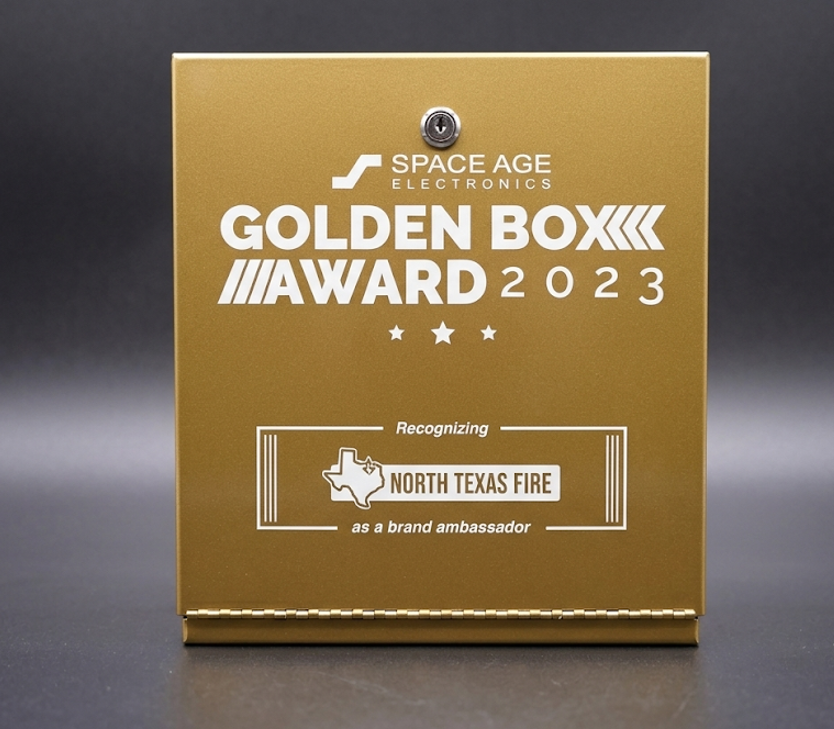 Golden Box Award 2023 plaque from Space Age Electronics recognizing North Texas Fire as brand ambassador.