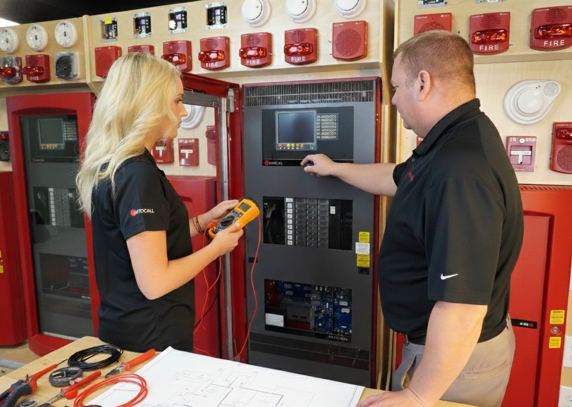 Two technicians working on a fire alarm control panel with testing tools and wiring diagrams.