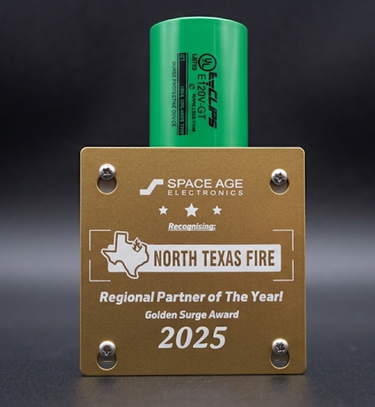 Award plaque from Space Age Electronics recognizing North Texas Fire as 2025 Regional Partner of The Year.
