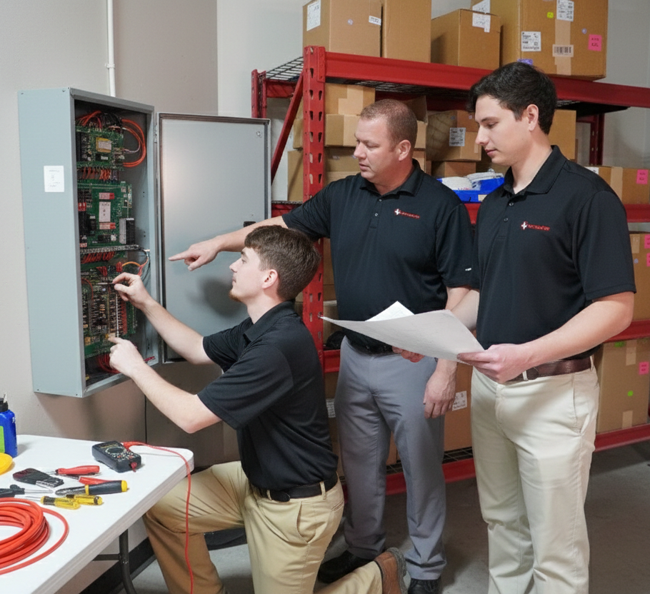 Three men in black shirts working on and inspecting an open electrical control panel with tools nearby.