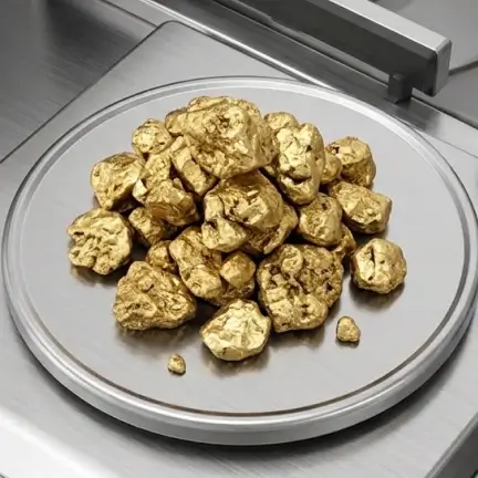 Pile of irregularly shaped gold nuggets on a round metal weighing scale platform.