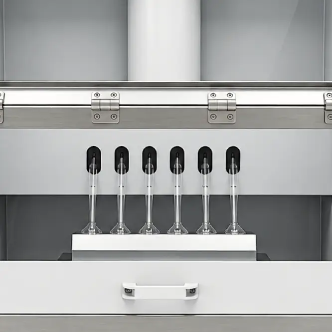 Six clear plastic pipettes inserted into a metallic machine, likely part of a laboratory instrument for fluid handling or analysis.