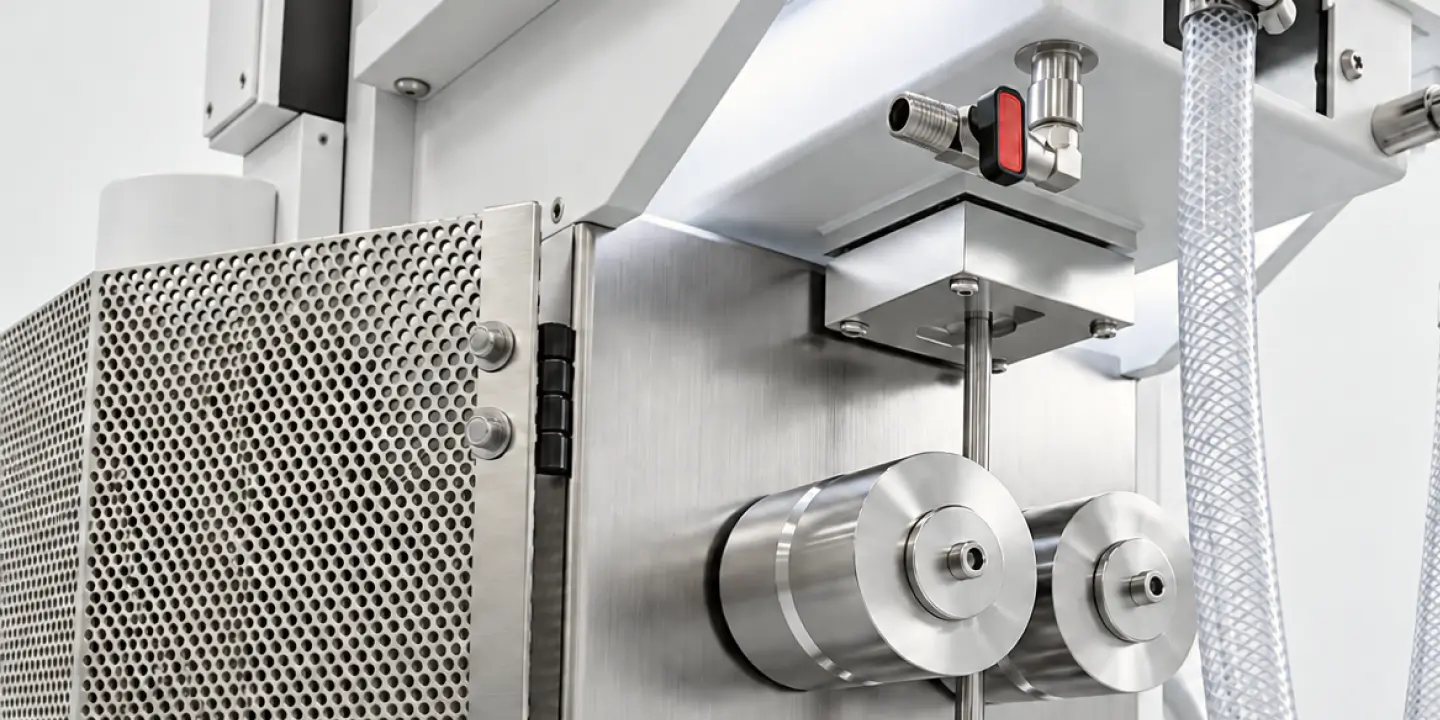 Close-up of shiny stainless steel industrial equipment featuring two cylindrical rollers, metal mesh panel, a valve with red handle, and a flexible and transparent reinforced hose.