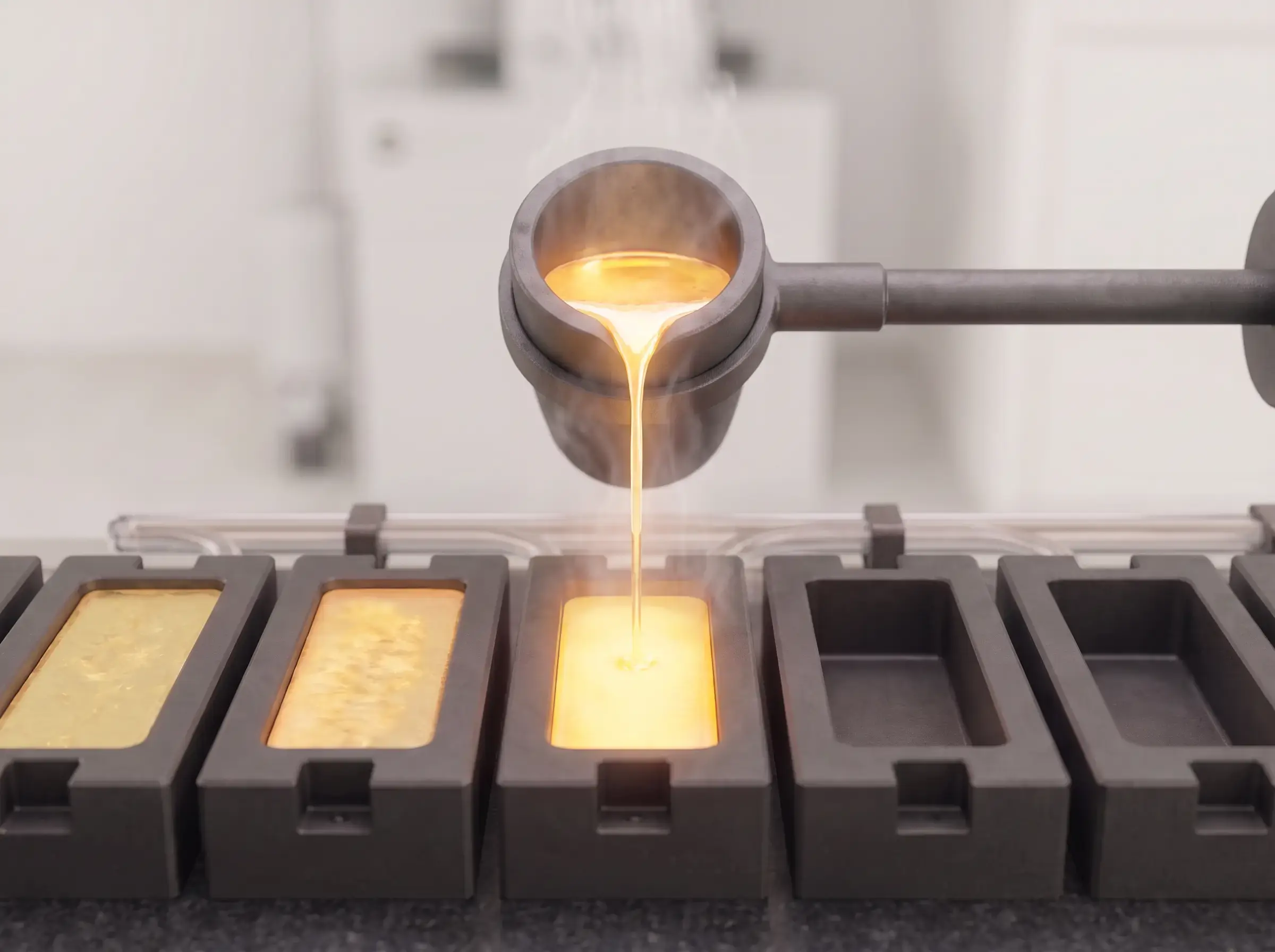 Molten metal being poured from a crucible into a rectangular mold in a metal casting process with several molds lined up.