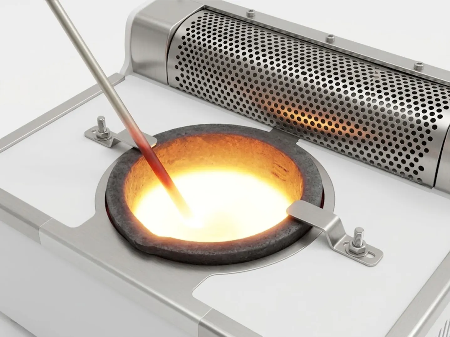 Glowing molten metal inside a round furnace with a stirring rod inserted, surrounded by a perforated metal protective cover.