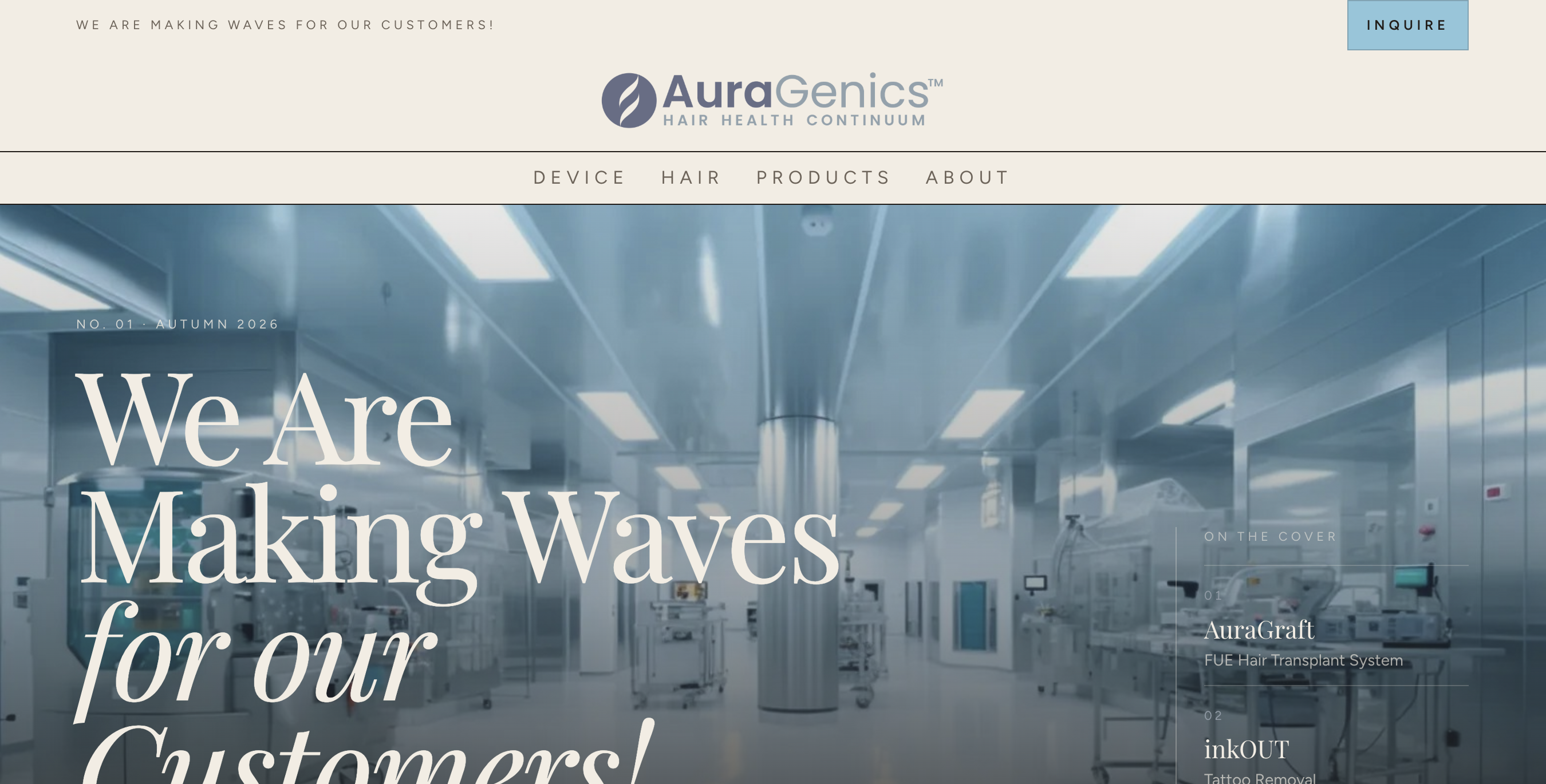 Homepage of the AuraGenics medical devices website