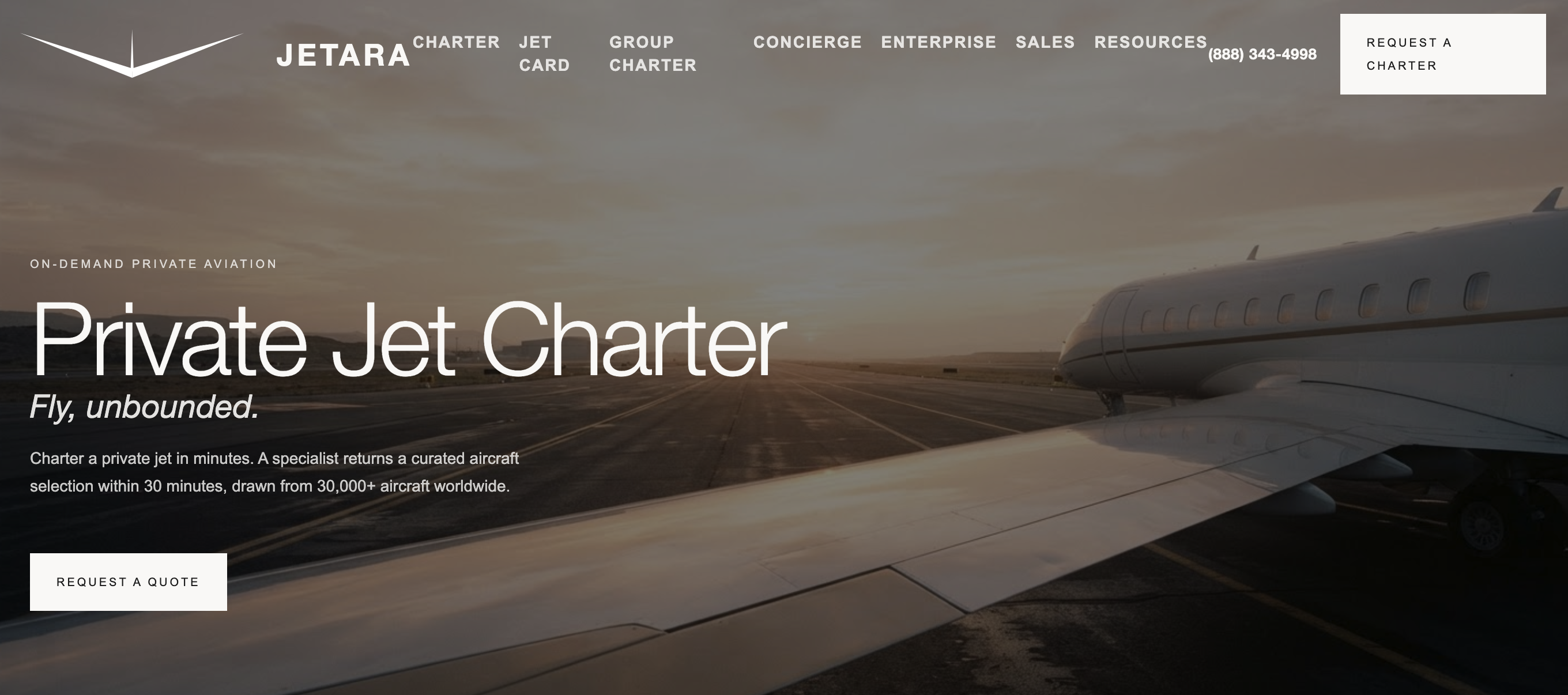 Homepage of the JETARA private jet charter website