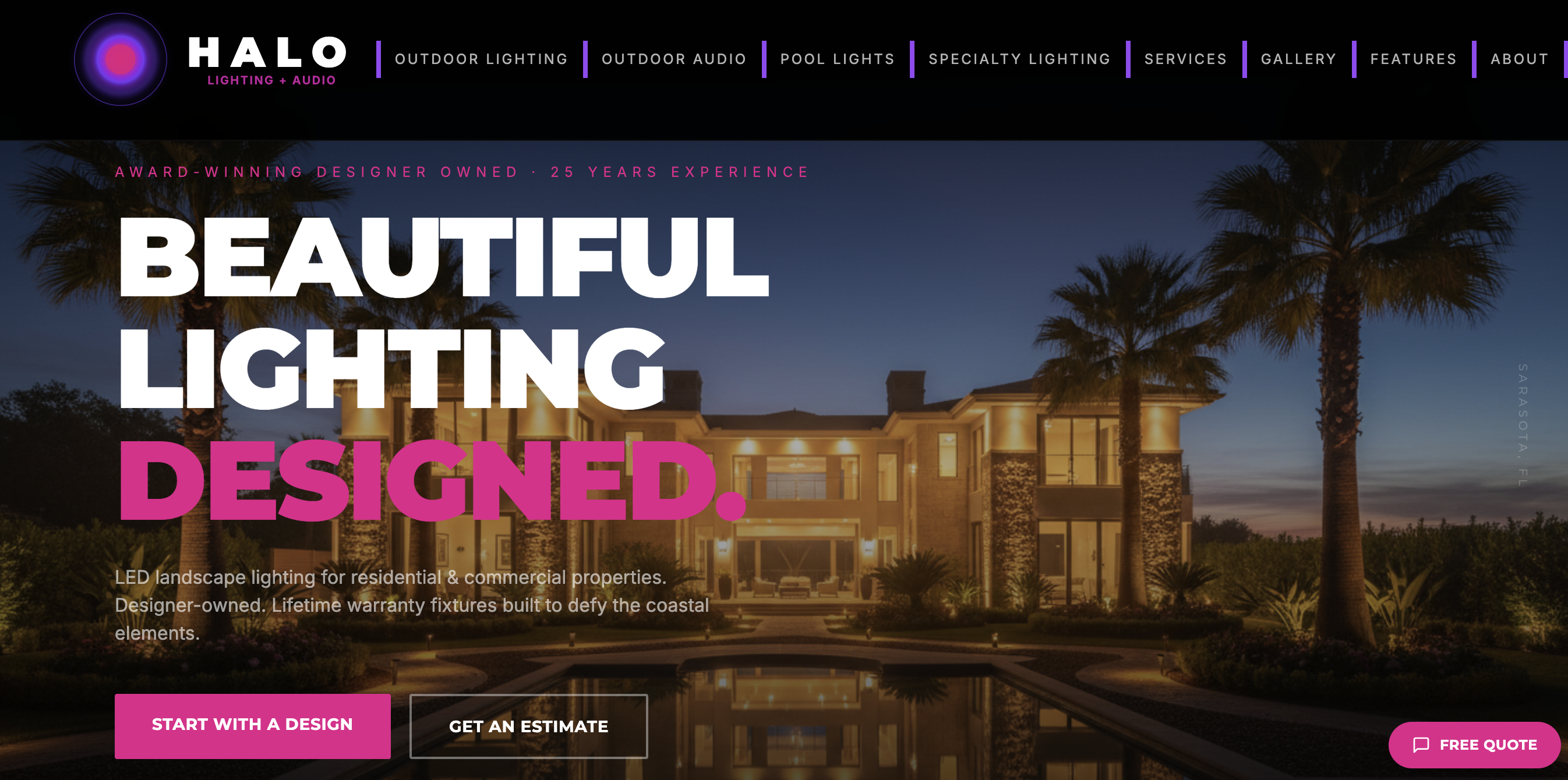 Homepage of the HALO outdoor lighting and audio website