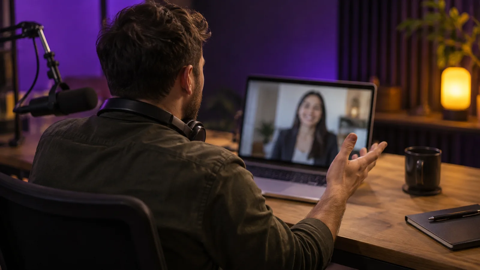 Podcast host in a purple-lit studio on a video call with a prospective client