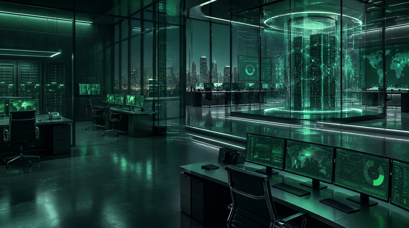 Futuristic high-tech control room with multiple workstations and monitors displaying digital maps, data graphs, and cyber network visuals, featuring a large central cylindrical data hub with glowing green holographic interface and glass walls overlooking a city skyline at night.